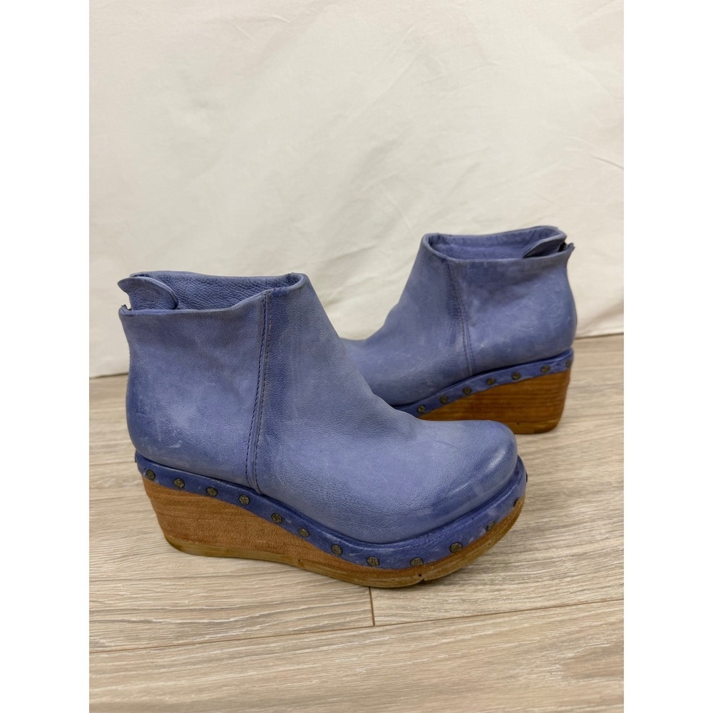 AS98 Blue Leather Wedge Ankle Boots Studded Platform Booties Size‎ 36
